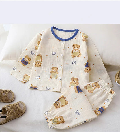 2Pcs Girls Summer Cotton Gauze Thin Pajamas Home Wear Cartoon Floral Print Long Sleeve Lace Trimmed Sleepwear Baby  Clothing Set