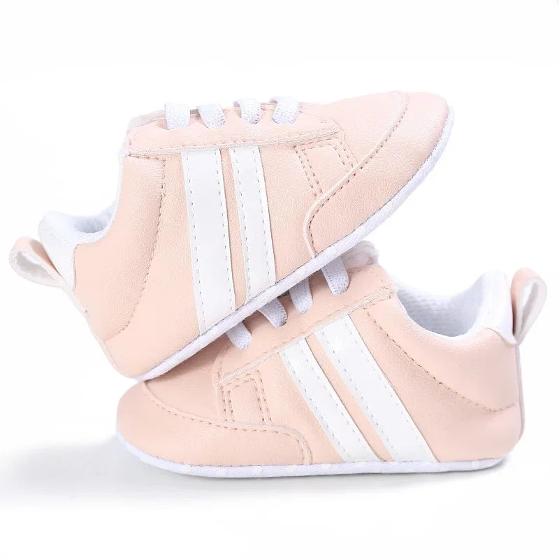 Newborn Baby Boys Shoes for 1 Year Footwear with Striped Infant Casual PU Leather Toddler Soft Sole Girls Sneakers First Walkers