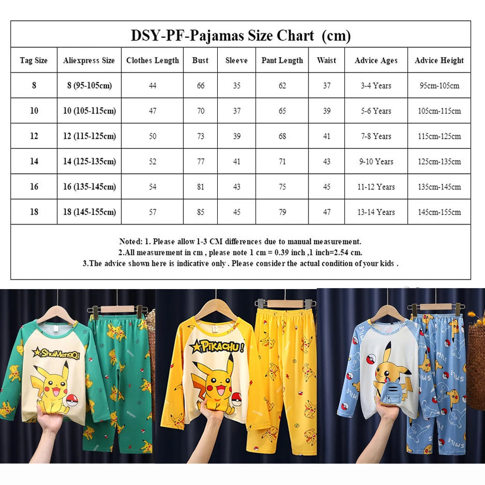Cartoon Pijamas for Kids 3 to 5 7 9 11 13 Years Clothing Sets Boys Home Wear Girls Full Sleeve Pikachu Pajamas Teen Loungewear