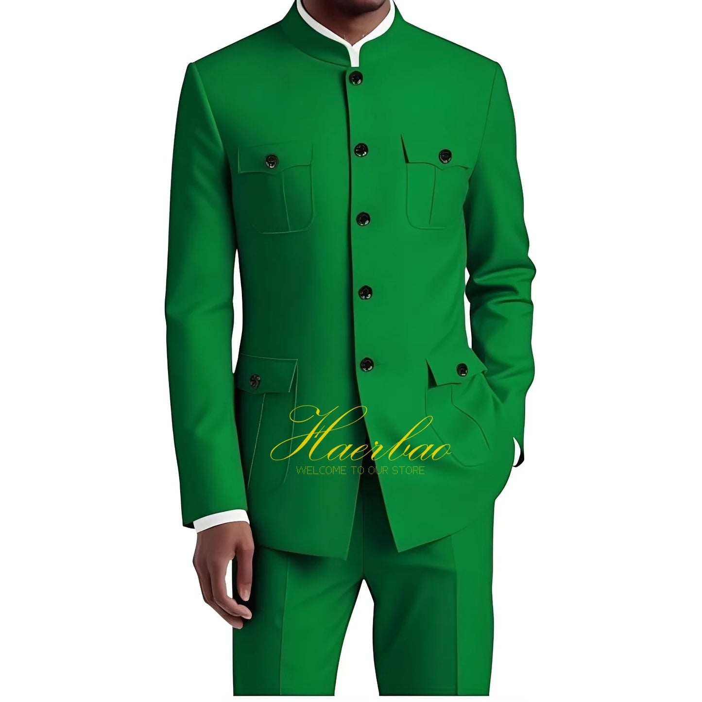 Men's Chinese Tunic Suit Formal 2 Piece Suits for Men Collar Jacket Slim Fit 4 Pocket Blazer Wedding Men Suits Tuxedo