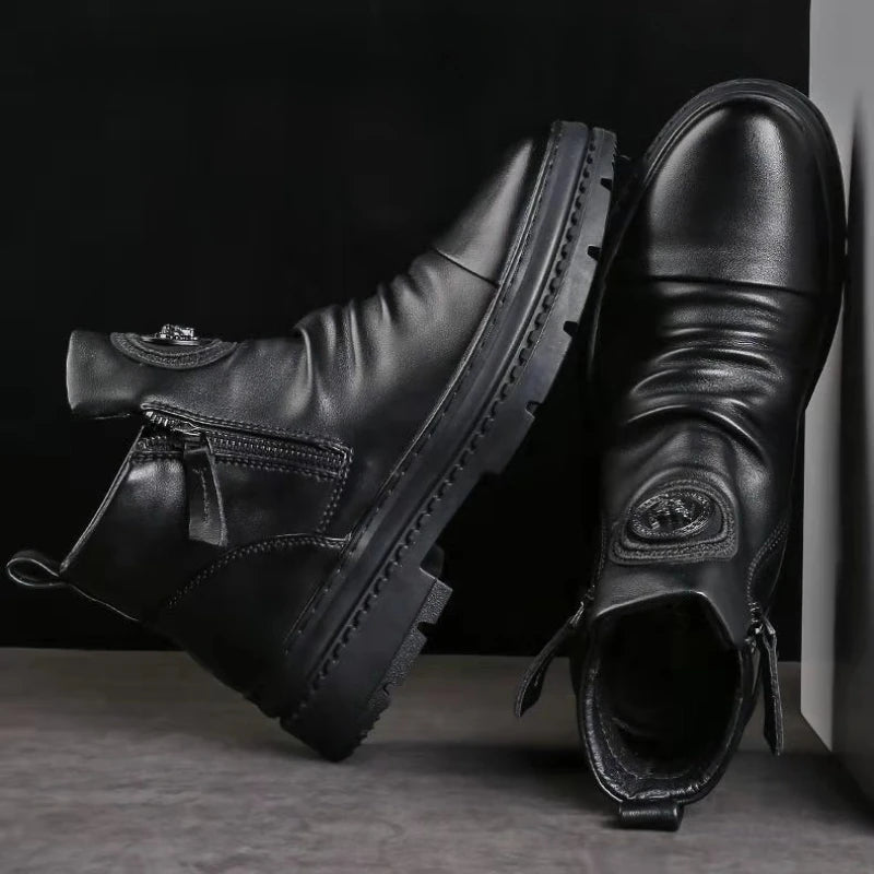 Men's Boots Fashion Motorcycle Boot Luxury Leather Ankle Boots Plush Warm Winter Boots for Men Casual Platform Boot Botas Hombre