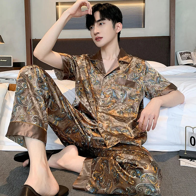 Pajamas Men Spring Summer Thin Ice Silk Luxurious Loose Fitting Home Wear Suit Male Satin Pyjamas Set Night Pajamas Set Men