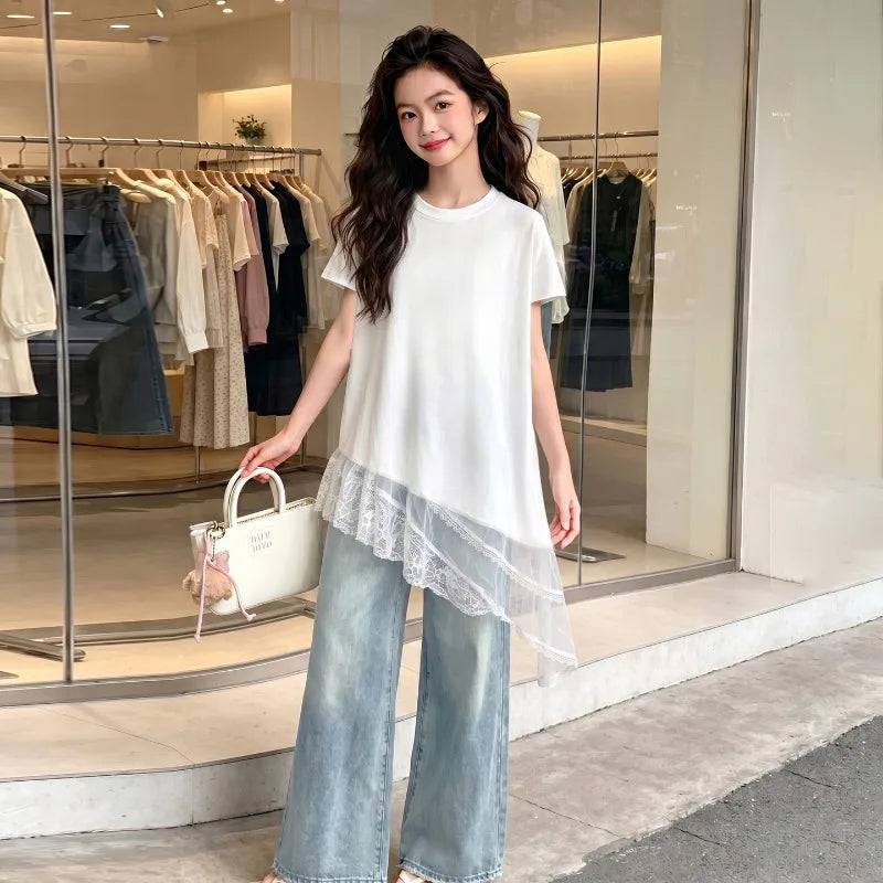 Girls T Shirt Summer 2026 Irregular Hem Lace Patchwork White Short Sleeve Tops Children Clothes Loose Minimalist Comfortable