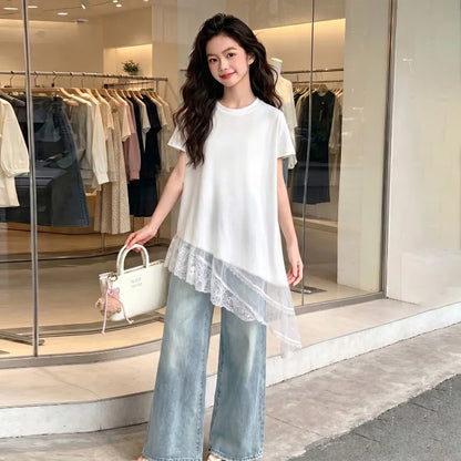 Girls T Shirt Summer 2026 Irregular Hem Lace Patchwork White Short Sleeve Tops Children Clothes Loose Minimalist Comfortable