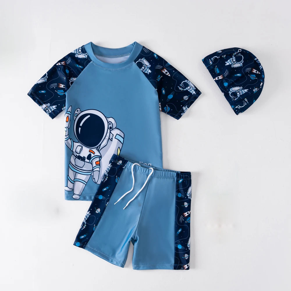 Boys Swimsuit 2025 3-Pieces Set Cute Cartoon Shark Print Kids Beach Suit Short Sleeve Swimwear with Swim Hat Toddler BeachWear