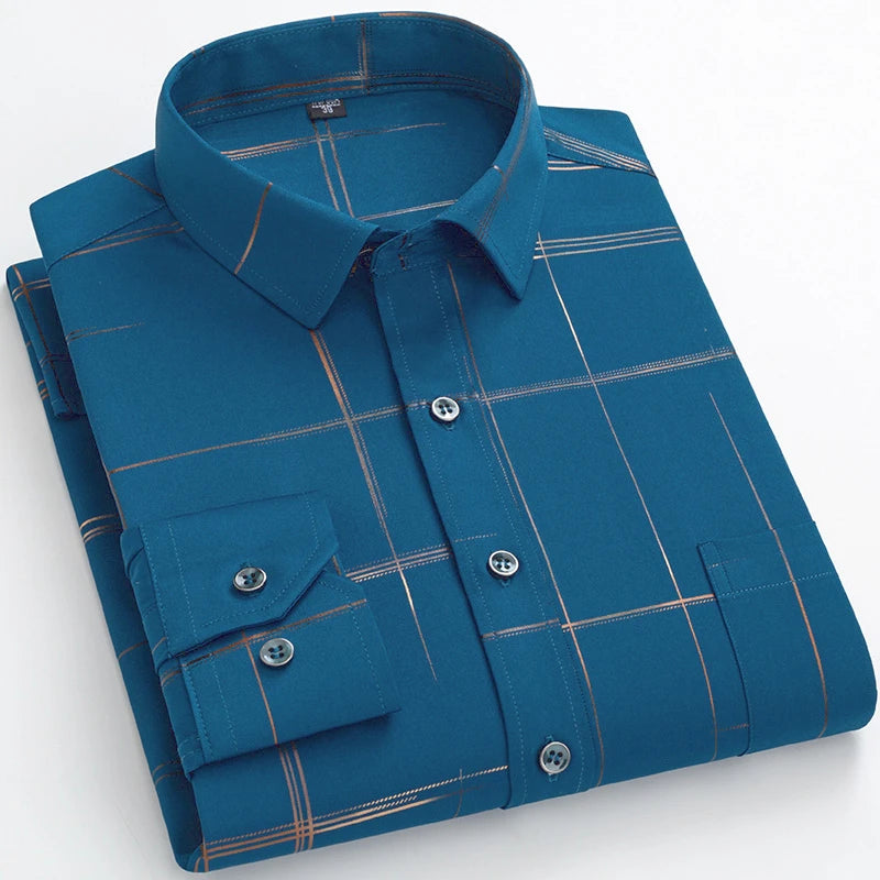Men's Dress Shirts Spring Autumn Latest Hot Sale Non-iron Anti-wrinkle Business Casual Print Thin Plaid Slim Fit chemise homme