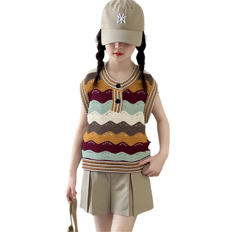Girls Wave Pattern Summer Sweater + Skirt Clothing Set Kids Child High Quality Streetwear Knitted Top and Bottom Clothes Set