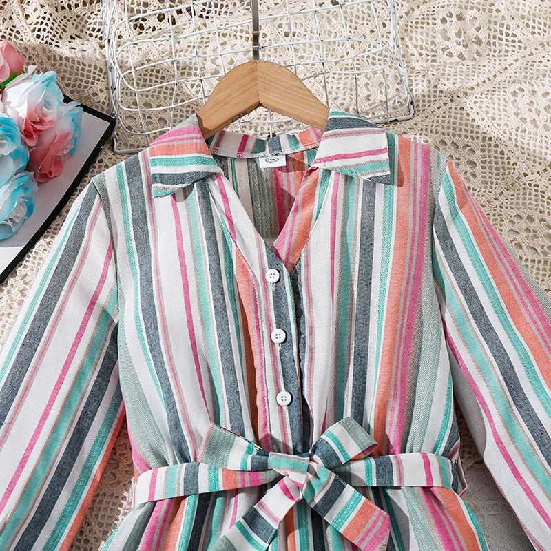 Girls 8-12 fashion jumpsuit, striped shirt-style romper with wide legs, lightweight and stylish for school and outdoor wear