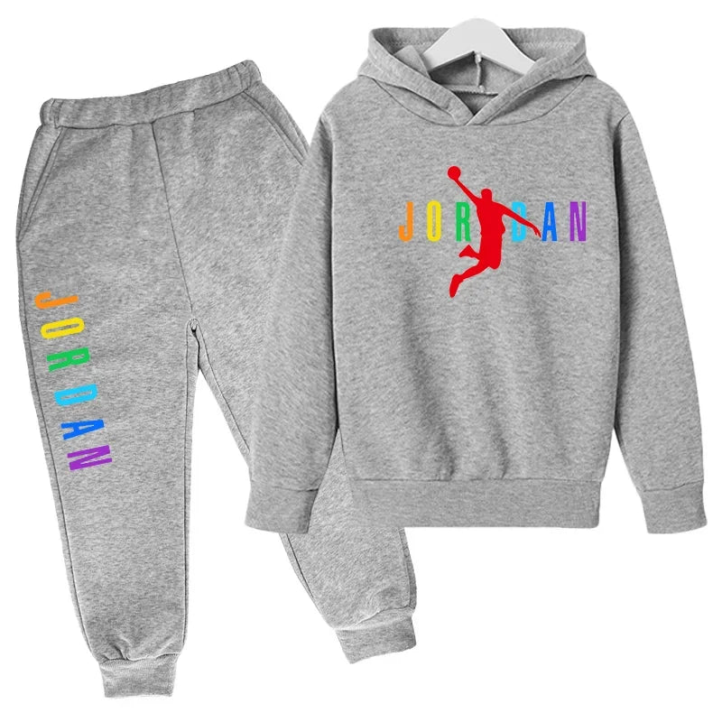 Children Sports Coat 3-13 Years Hoodie Basketball Letter Print Boys Sweatshirt Girls Toddler Top + Trousers 2P Stylish Casual Se
