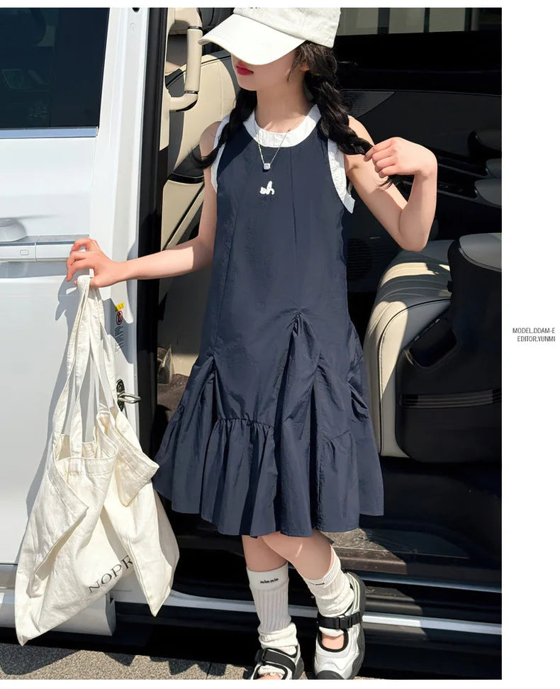 New Summer Girls Princess Dress Kids Sleeveless Dress with Ruffles Design Dresses for Teen Child Casual Vacation Beach Dress