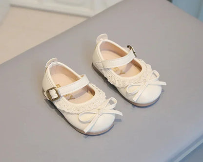 Girls Walking Shoes Sweet Lace Simple Bows 2025 New Baby Princess Shoes Round Toes Kids Leather Shoes Non-slip Soft Sole Flats