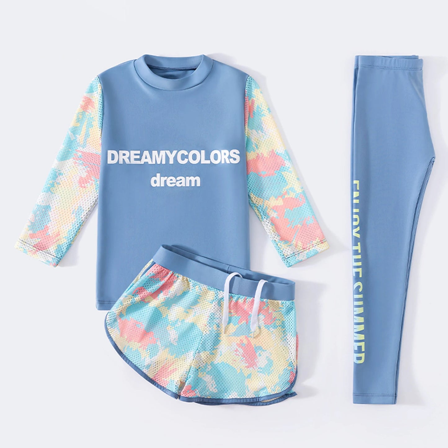 Girls 3-Piece UV Swimsuit Sun Protective Long Sleeve Rash Guard Swimwear Quickly Dry Swimming Shirt Top+Shorts+Pants Outfits