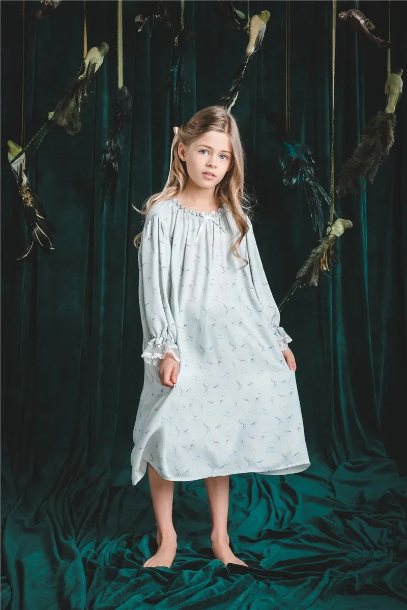Girls Pajamas Set 2025 Spring And Summer New Blue Lace Lace Children's Home Clothing Cotton Printed Pajamas Children's Clothing