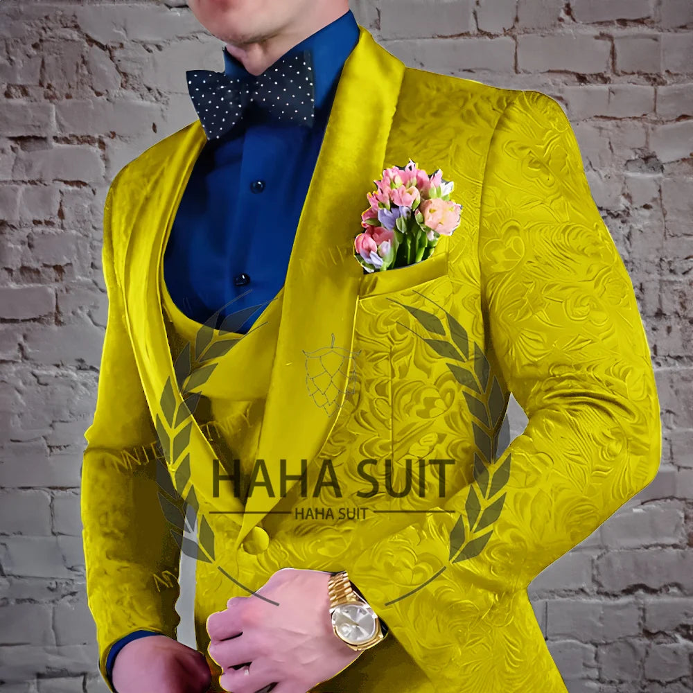 Men's Suit Jacquard Wedding Groom Suits Best Man Dinner Engagement Tuxedo Tailored Clothing