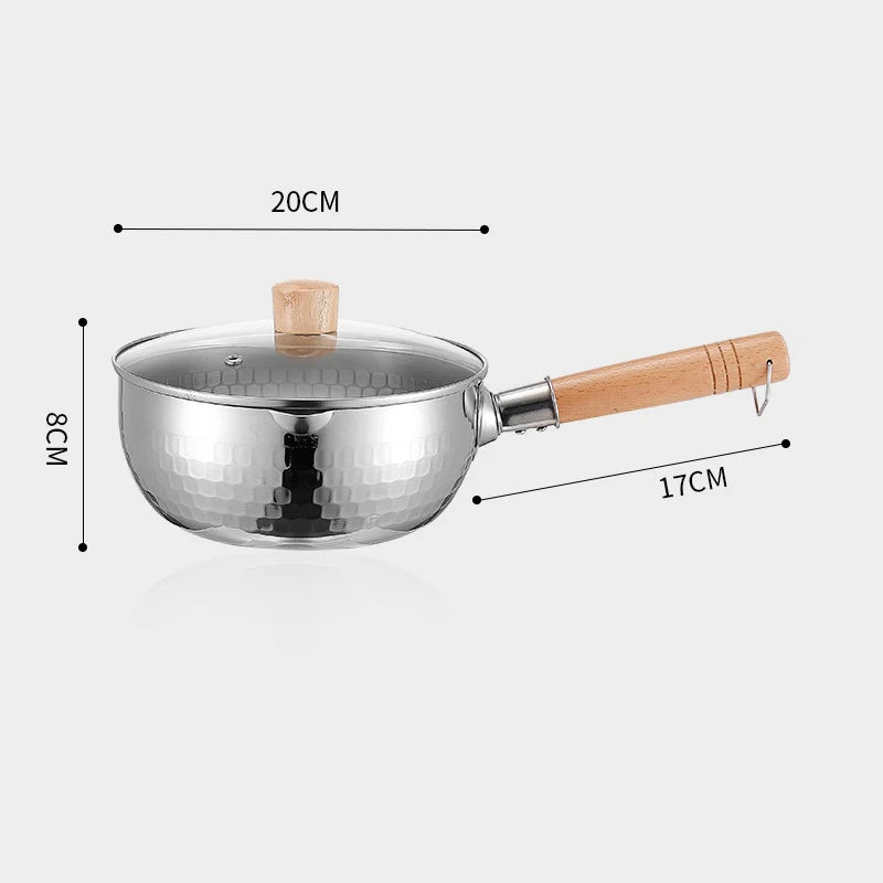 Stainless Steel Pan Japanese Snow Pan Wooden Handle Lid Stew Pots Fry Wok Saucepan Milk Pot Kitchen Utensils Practical Cookware