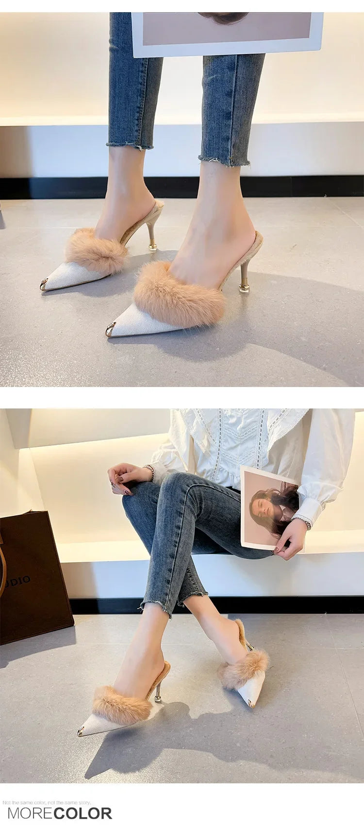 Women High Heel Shoes 2025 Fur Slippers Mules Pointed Toe Furry Slides Fashion Elegant Luxury Designer Flip Flops Office Pumps