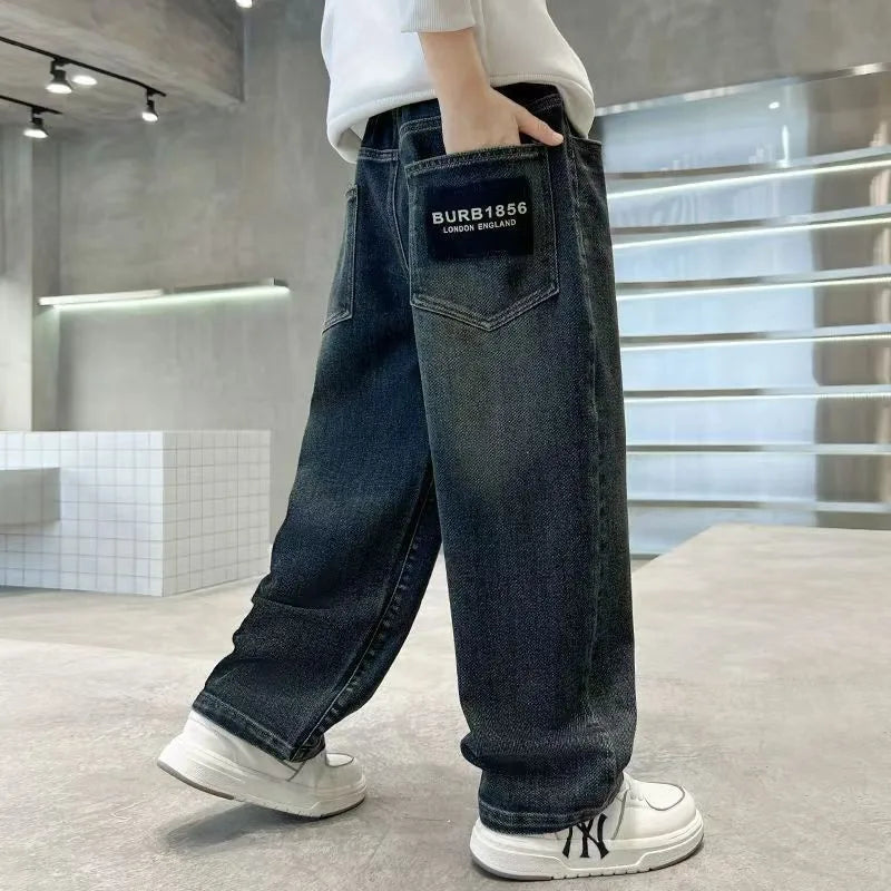 Teenage Boys Denim Pants Spring Autumn Kids Fashion Letter Jeans Pants Casual Loose Straight Trousers for 4-14 Years Old