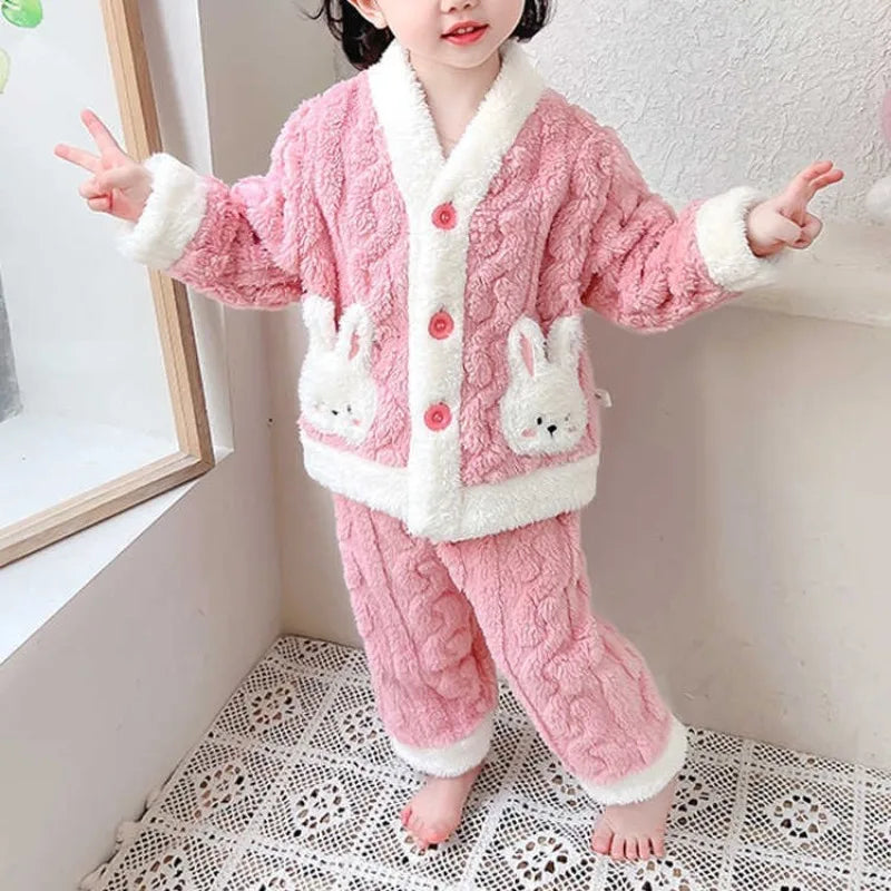 Girls Pajamas Set Autumn and Winter Flannel Children's and Girls' Fleece Thickened Warm Coral Fleece Loungewear Pajama Set