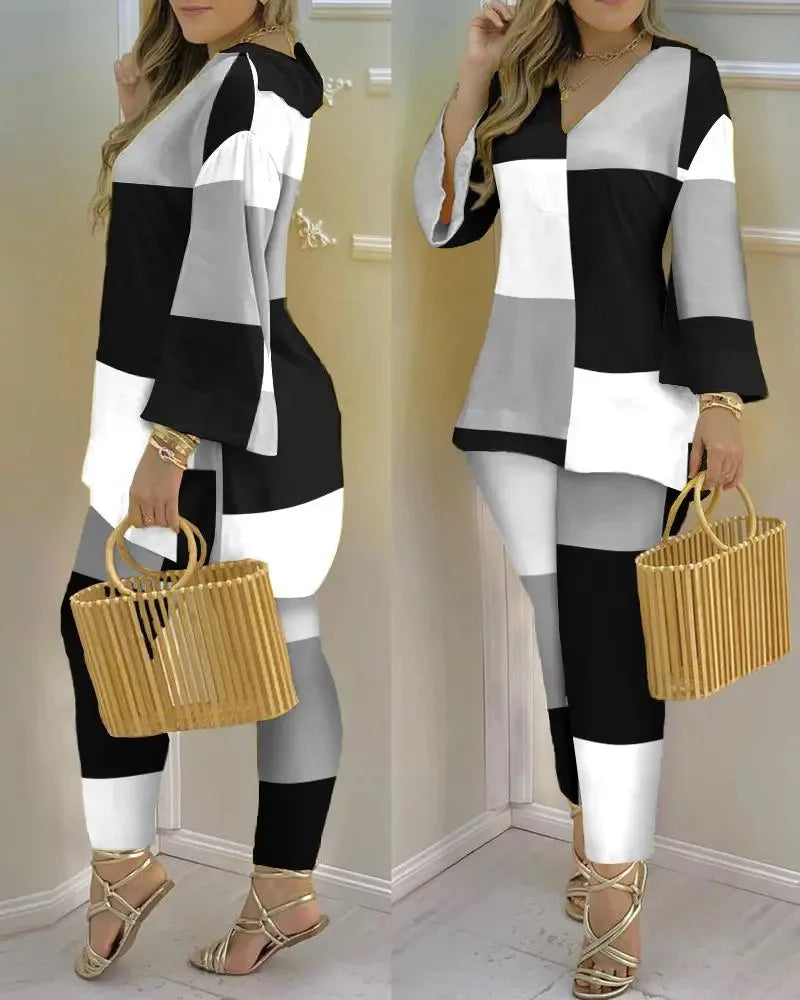 Long Sleeve V-neck Polyester Printing Two Pieces Sets