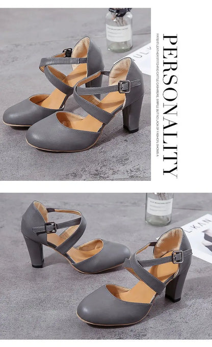 Women High Heels Shoes 2023 Autumn New Round Toe Chunky Heel Casual Platform Women's Shoes Female Belt Buckle