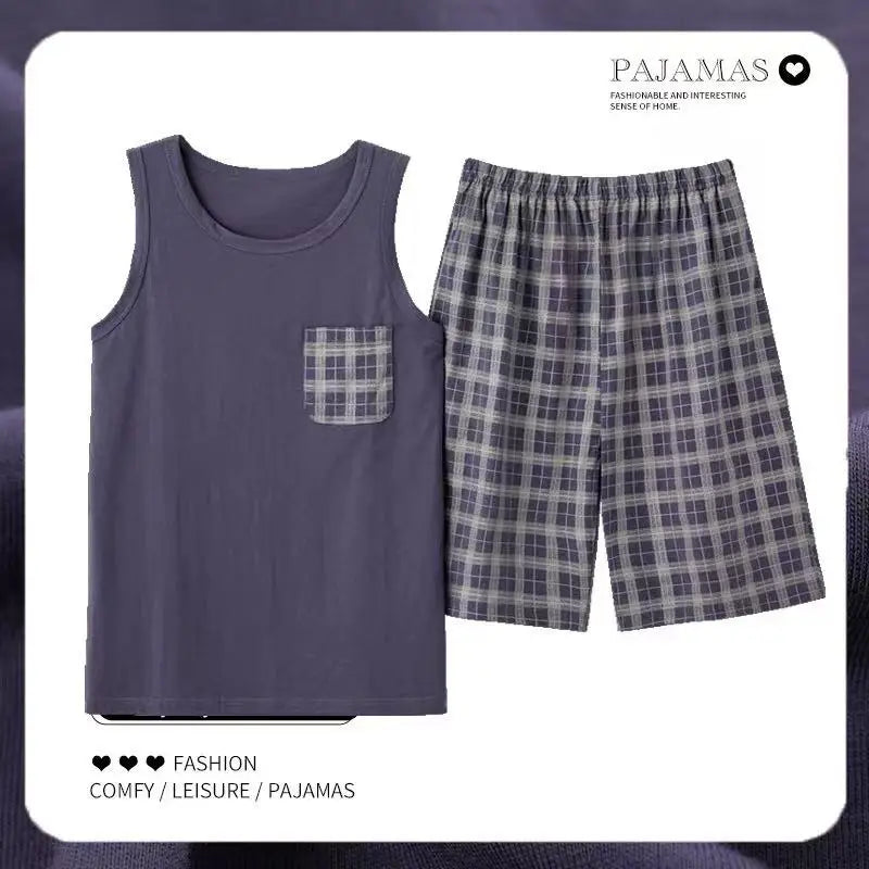 2026 New Men's Pajamas Sets Casual 100% Cotton Home Wear Sleeveless O-Neck Vest and Shorts Two Piece Sets Summer Couple Pajamas