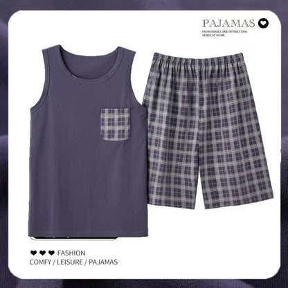 2026 New Men's Pajamas Sets Casual 100% Cotton Home Wear Sleeveless O-Neck Vest and Shorts Two Piece Sets Summer Couple Pajamas