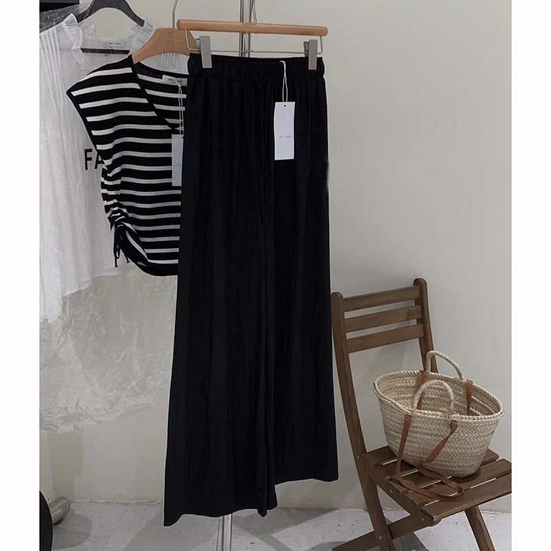 Girls High Waist Straight Leg Casual Pants Lady Drawstring Ice Silk Trousers Hot Sale Women Solid Loose Fit Pants