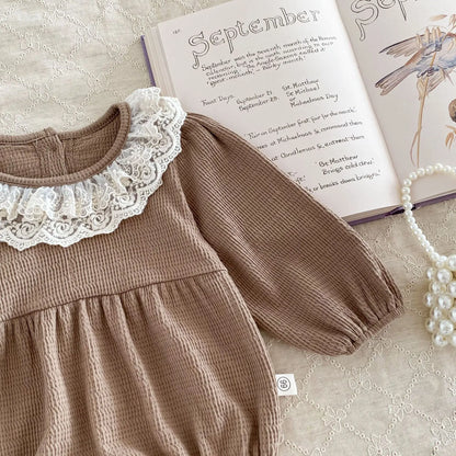 Baby Girls Clothes Toddler Autumn Winter Long Sleeve Lace Romper With Headwear For Infant Homewear Jumpsuit Baptism Overall