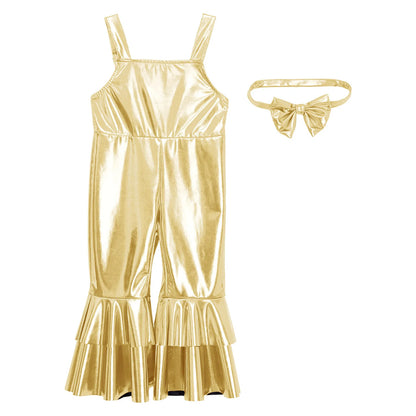 Baby Girls Clothes Birthday Party Metallic Bell Bottoms Romper Djustable Straps Bow Overalls with Headwear Photo Shoot Outfit