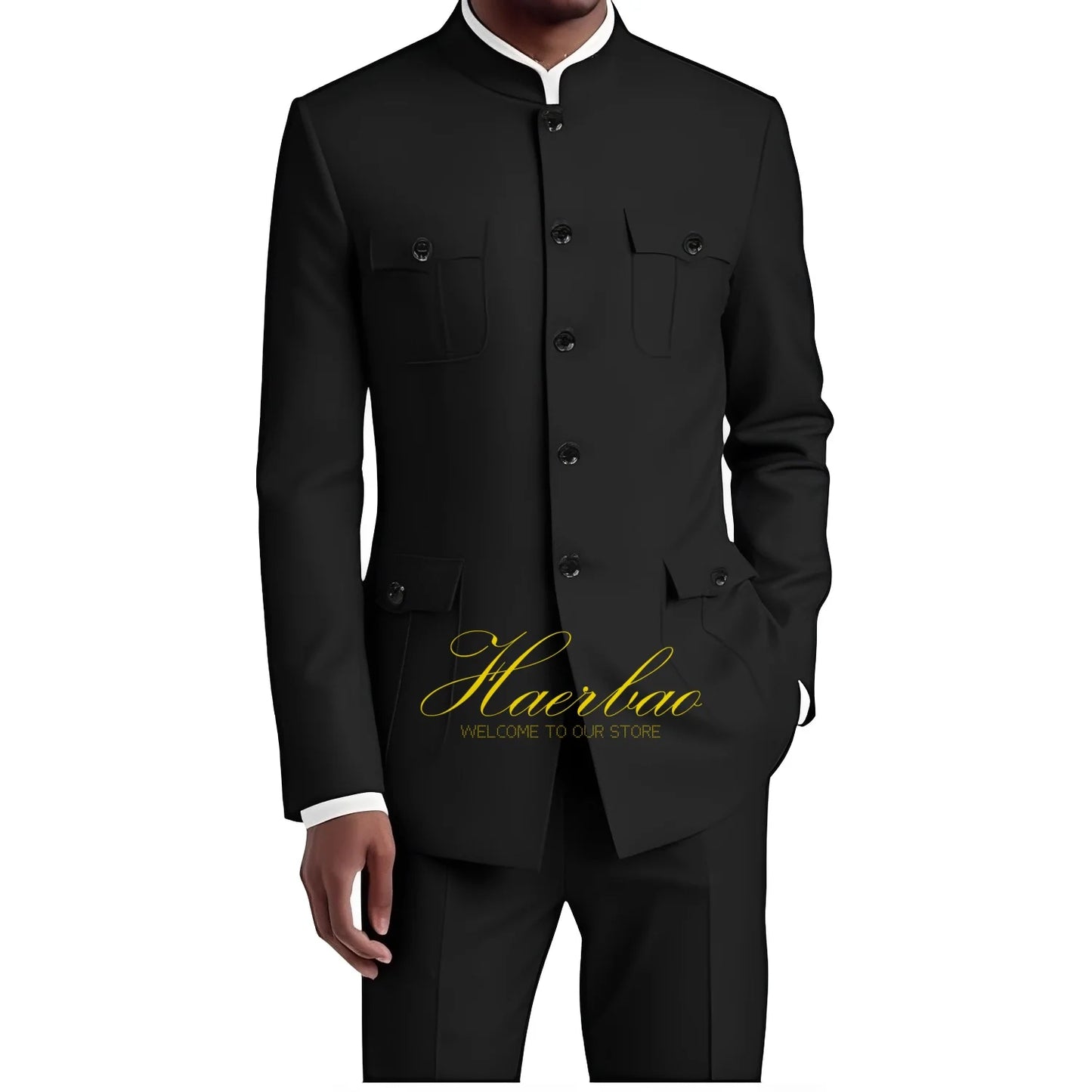 Men's Chinese Tunic Suit Formal 2 Piece Suits for Men Collar Jacket Slim Fit 4 Pocket Blazer Wedding Men Suits Tuxedo