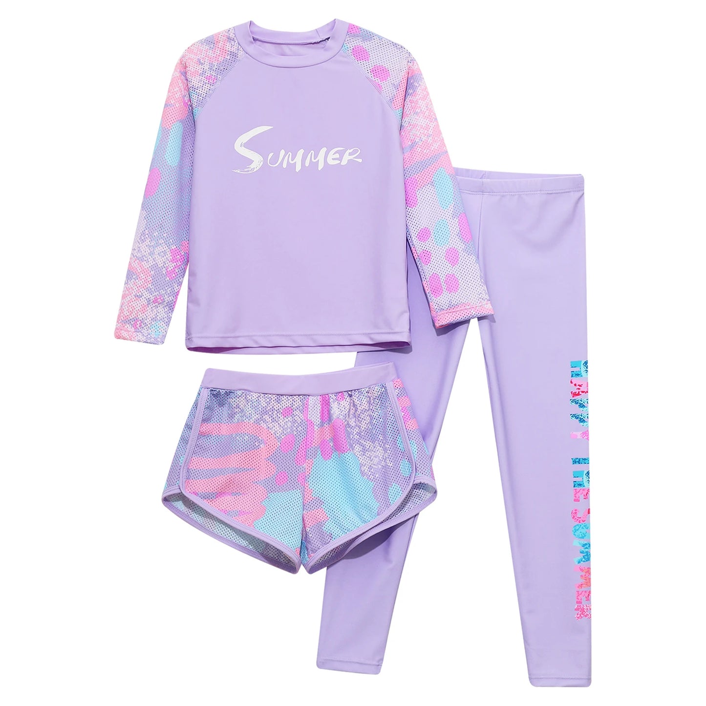 Girls 3-Piece UV Swimsuit Sun Protective Long Sleeve Rash Guard Swimwear Quickly Dry Swimming Shirt Top+Shorts+Pants Outfits