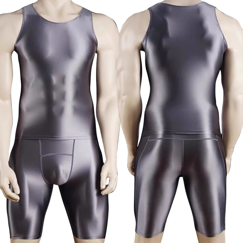 Men Thin Fitness vest Tights suit Slim Bottoms Satin Glossy Leggings Streetwear Athletic Shorts Quick-drying Compression Pants