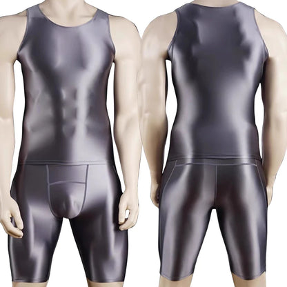 Men Thin Fitness vest Tights suit Slim Bottoms Satin Glossy Leggings Streetwear Athletic Shorts Quick-drying Compression Pants