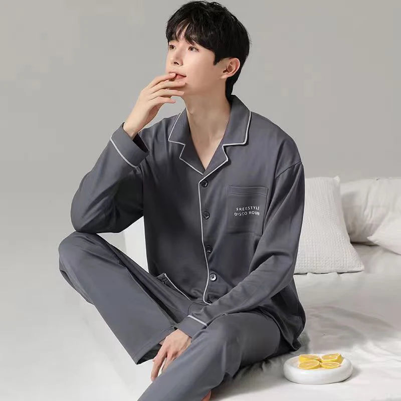 Pajamas Men's Long-Sleeved Spring and Autumn Men's Thin Youth Loose Home Clothes Two-Piece Suit