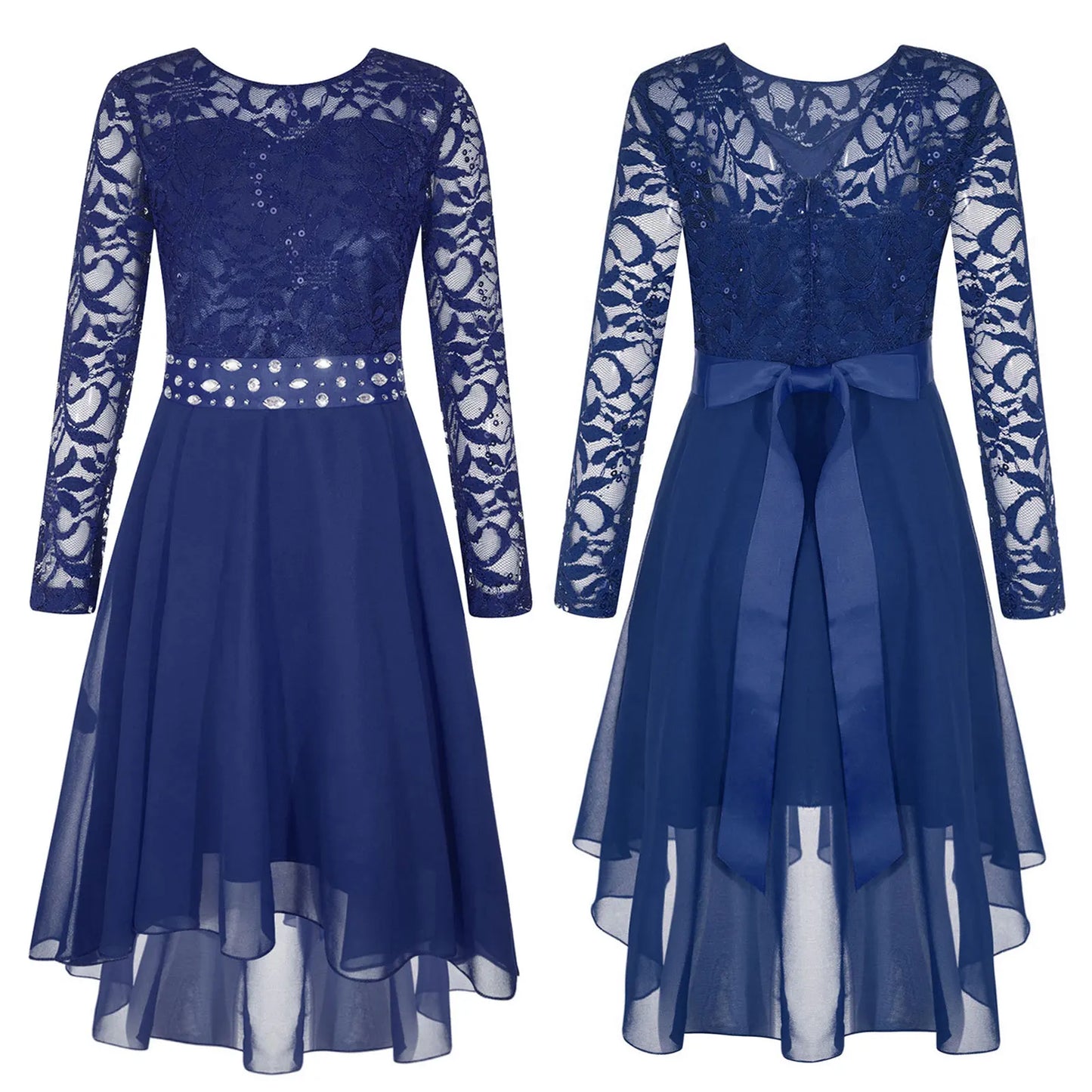 Teen Girls Elegant Scoop Neck Floral Lace Formal Wedding Party Dress Flower Girls Long Sleeve High-Low Chiffon Bridesmaid Dress