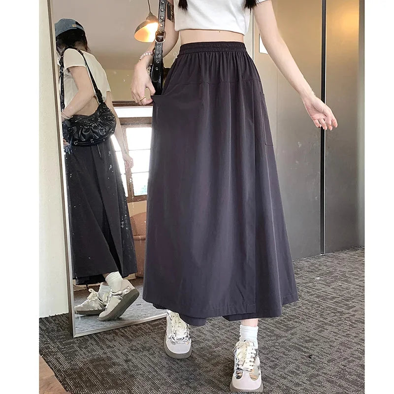 Girls Chic Elastic High Waisted Long Pants Lady Comfortable Wide Leg Trousers Women Korean Fashion Solid Color Slacks