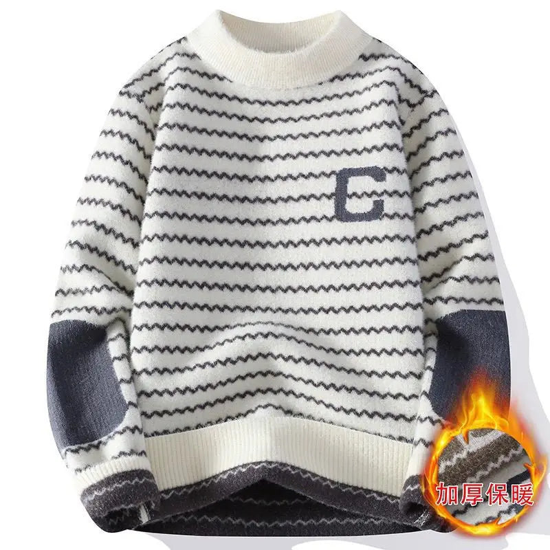 Sweater for Men Classic Fleece Lined Thick Warm Stripes Thicken Warm Base Layer Pullover Half-high Collar Trendy Casual Sweater