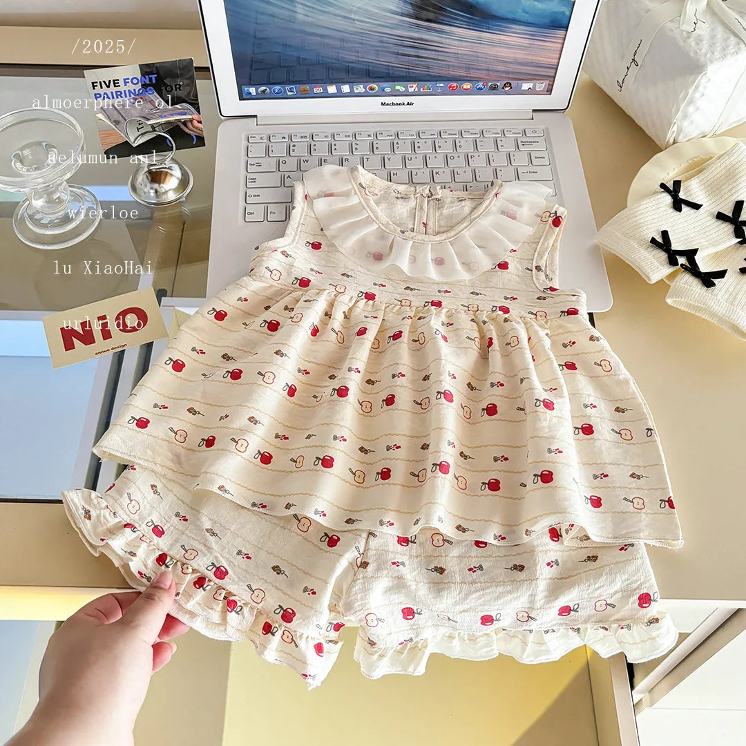 Baby Girls’ 2-Piece Summer Outfit – Sleeveless Floral Top & Cloud-Trim Skirt Lightweight Princess-Style Set Toddler Girl Clothes