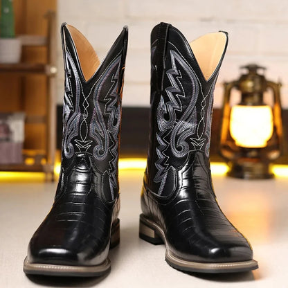 Men Boots Mid Calf Western Cowboy Motorcycle Boots Male Autumn Outdoor PU Leather Totem Med-Calf Boots Retro Designed Men Shoes