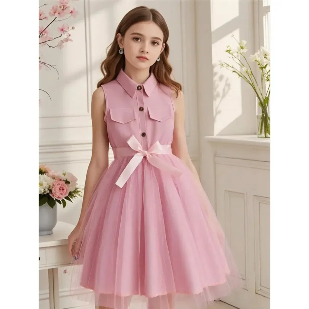 Teen Girl Pink Dress Summer Sleeveless Fashion Mesh Children Dresses Casual Vacation Elegant Princess Dress  7 8 9 10 11 12 Yrs