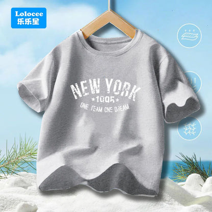 Teens Boys Summer Cotton Fashionable Casual T-shirt Kids New York Letter Printed Round Neck Short Sleeve T-shirt Top ZNYB1