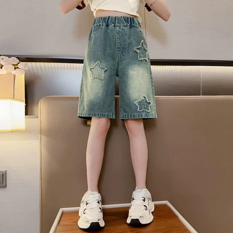 Girls Denim Shorts Summer Casual Loose Jeans Children Wide Leg Short Pants Teen High Waist Straight Trousers 5-14 Years
