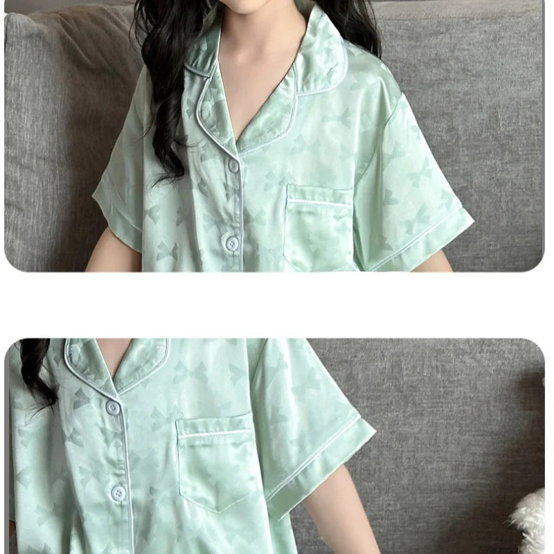 Girls Pajamas Set Soft Silk Satin 2-Piece PJs Sleepwear Kids Short Sleeve Short Pants Princess Button Down Outfit Set Size 3-13Y