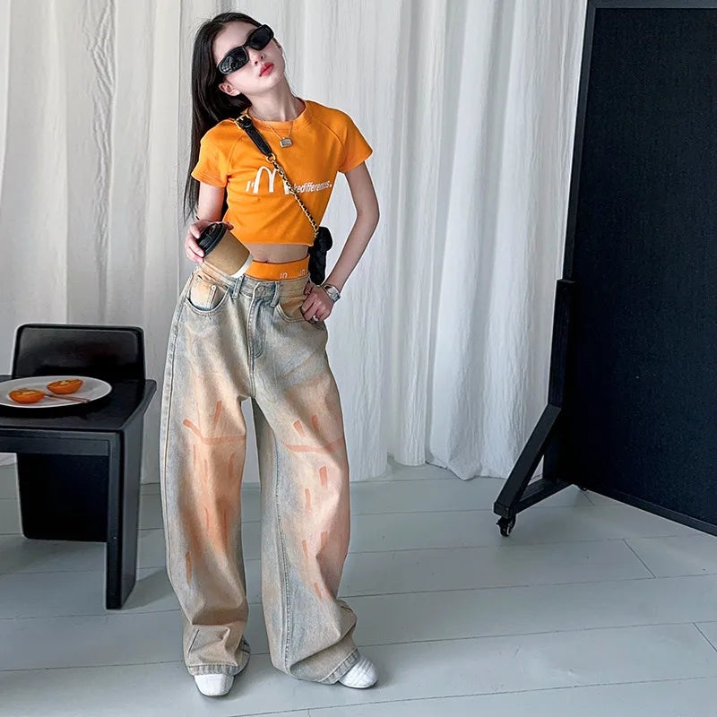 summer teen girls Orange washed graffiti straight leg jeans cotton letter short t-shirt top 4 10 12 14 junior child kids outfits