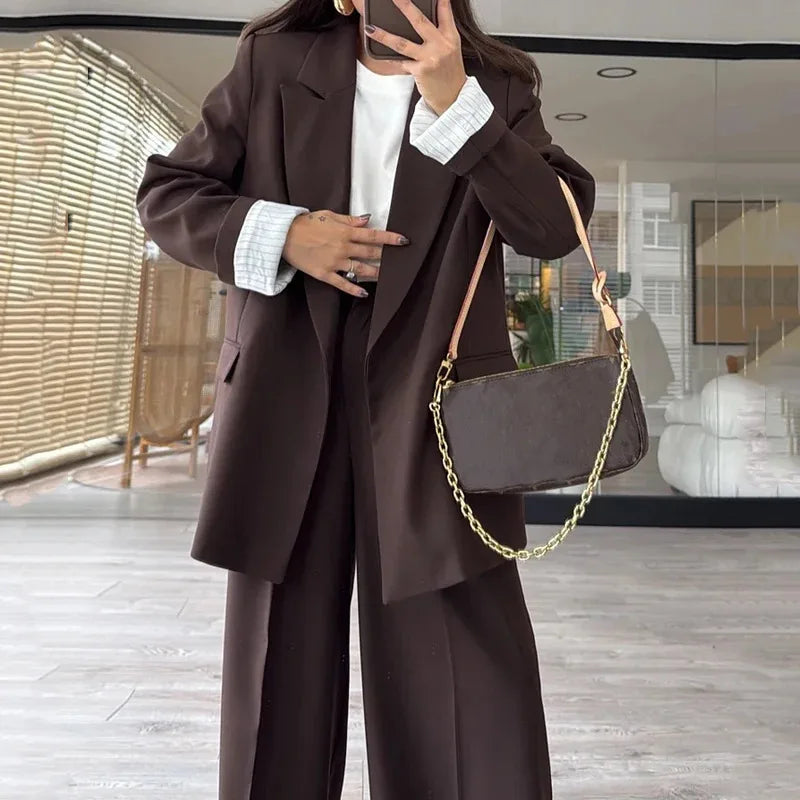 2025 New Women's Suit Long-sleeved Loose Jacket Wide-leg Pants Two-piece Set