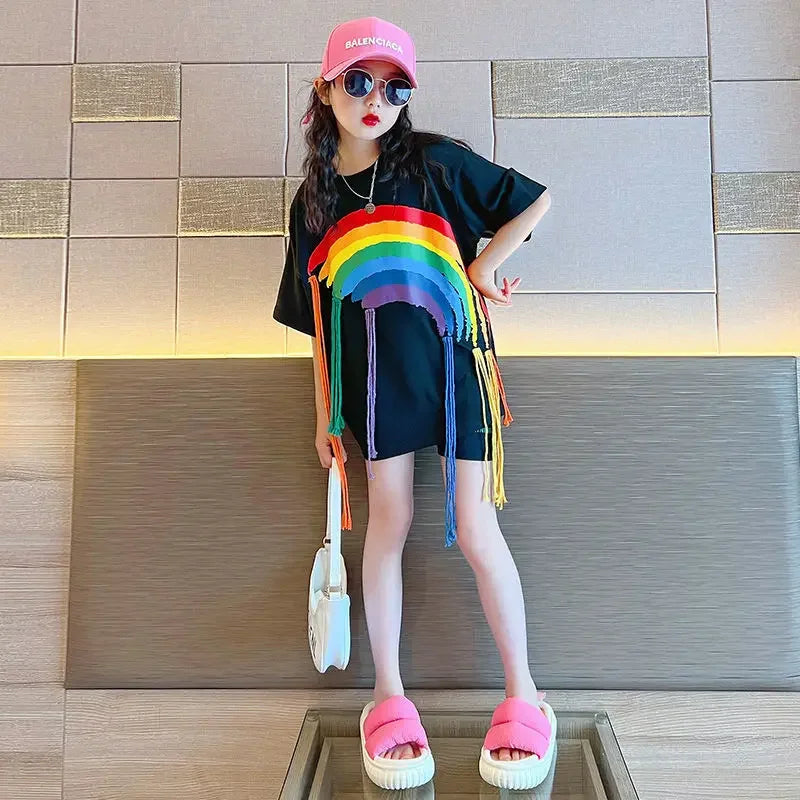 2025 New Girls' Summer T-shirt Fashion Hip Hop Street Dance Style Rainbow Braid Girls Wear Mid length Style in Summer