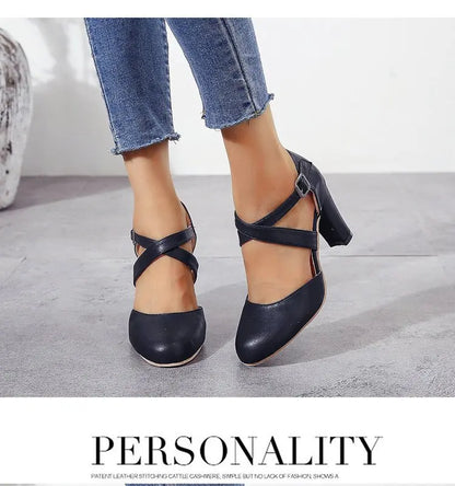 Women High Heels Shoes 2023 Autumn New Round Toe Chunky Heel Casual Platform Women's Shoes Female Belt Buckle