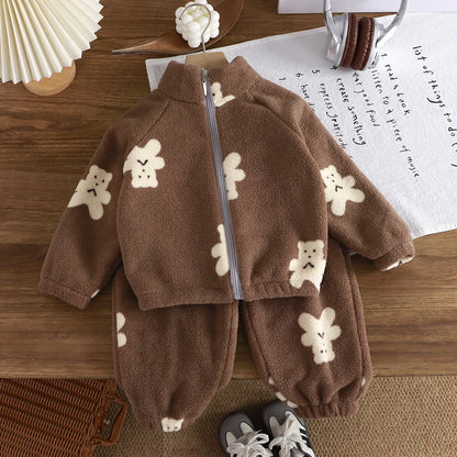 Baby Girl clothes new plush thickened two-piece set of fleece cartoon casual home clothes children's tops and bottom sets