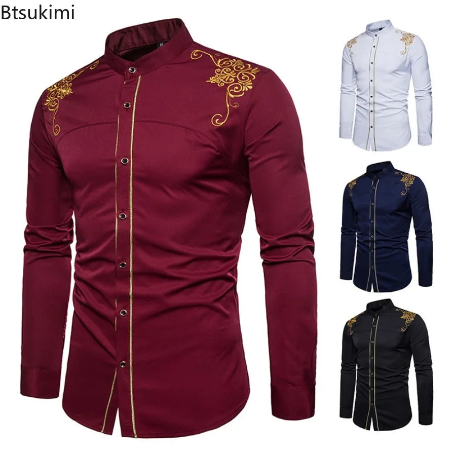 Men's England Style Embroidery Shirts Long Sleeve Lapel Single-breasted Casual Social Party Dress Shirts Men Street Clothing New