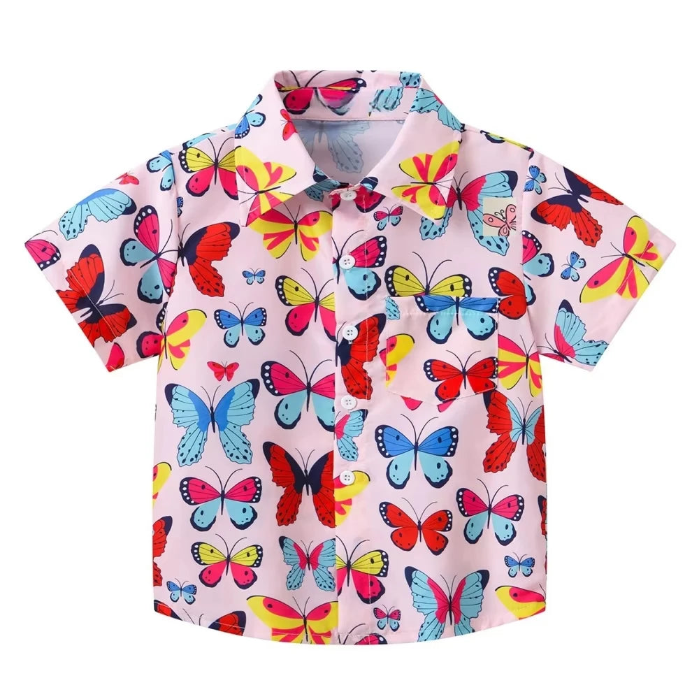 Girl Blouse Fashion Pink Flower Printed Children Top Lapel Short Sleeve Girl Clothes from 5 to 6 Years Top Shirts for Children